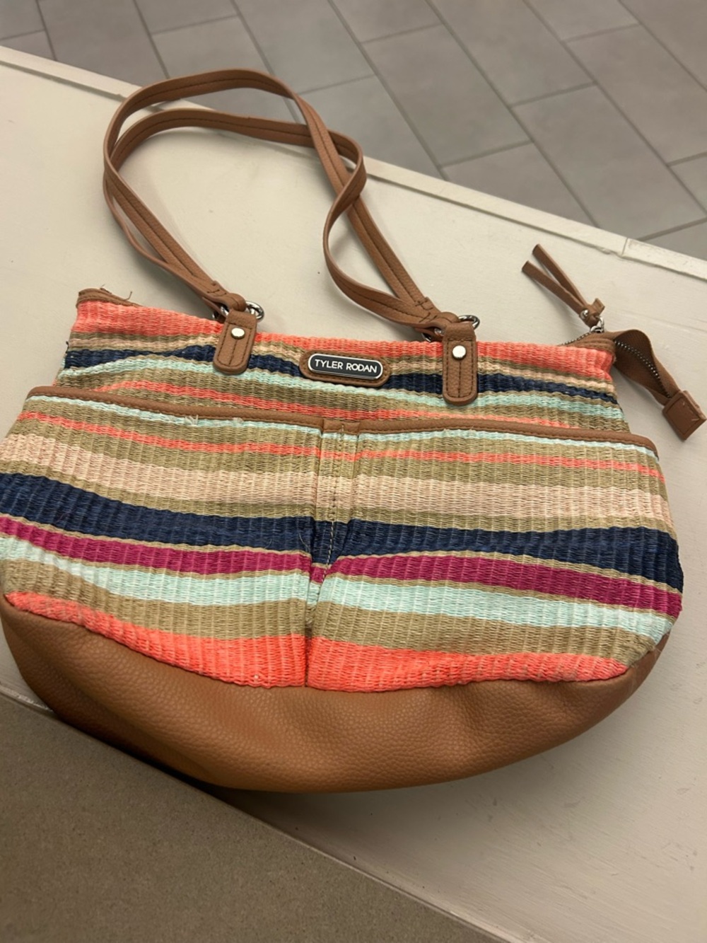 Bag Tyler Rodan Coral Navy Cream Tan Striped Shoulder Bag